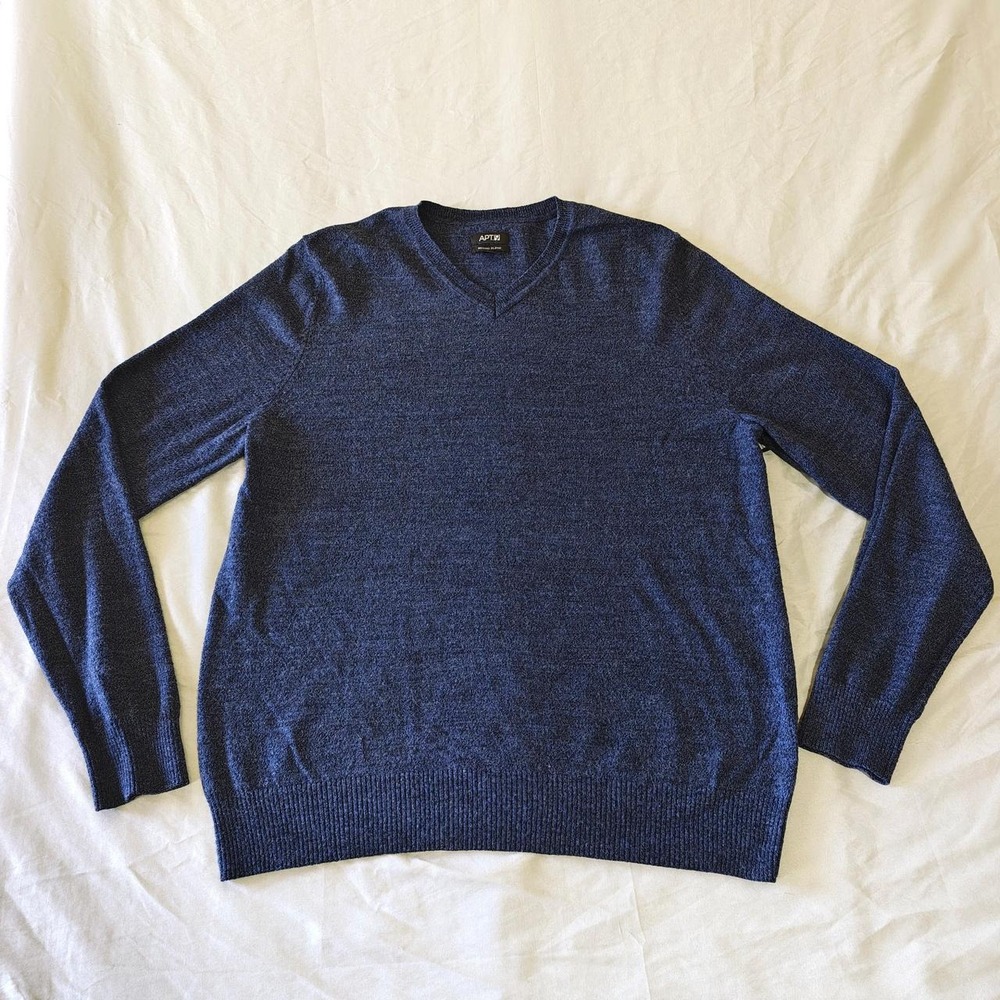 Apt. 9 Mens Blue Marled Merino Wool Blend V-Neck Pullover Sweater Size M